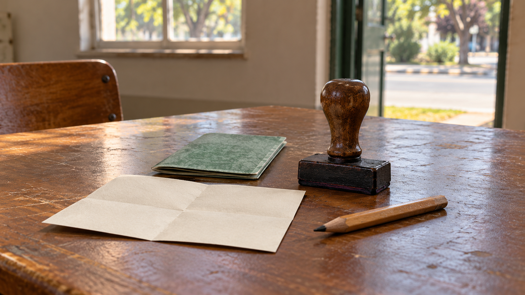 Historical reconstruction of paper voting materials, a green booklet, pencil and rubber stamp in an early 1990s South African setting.