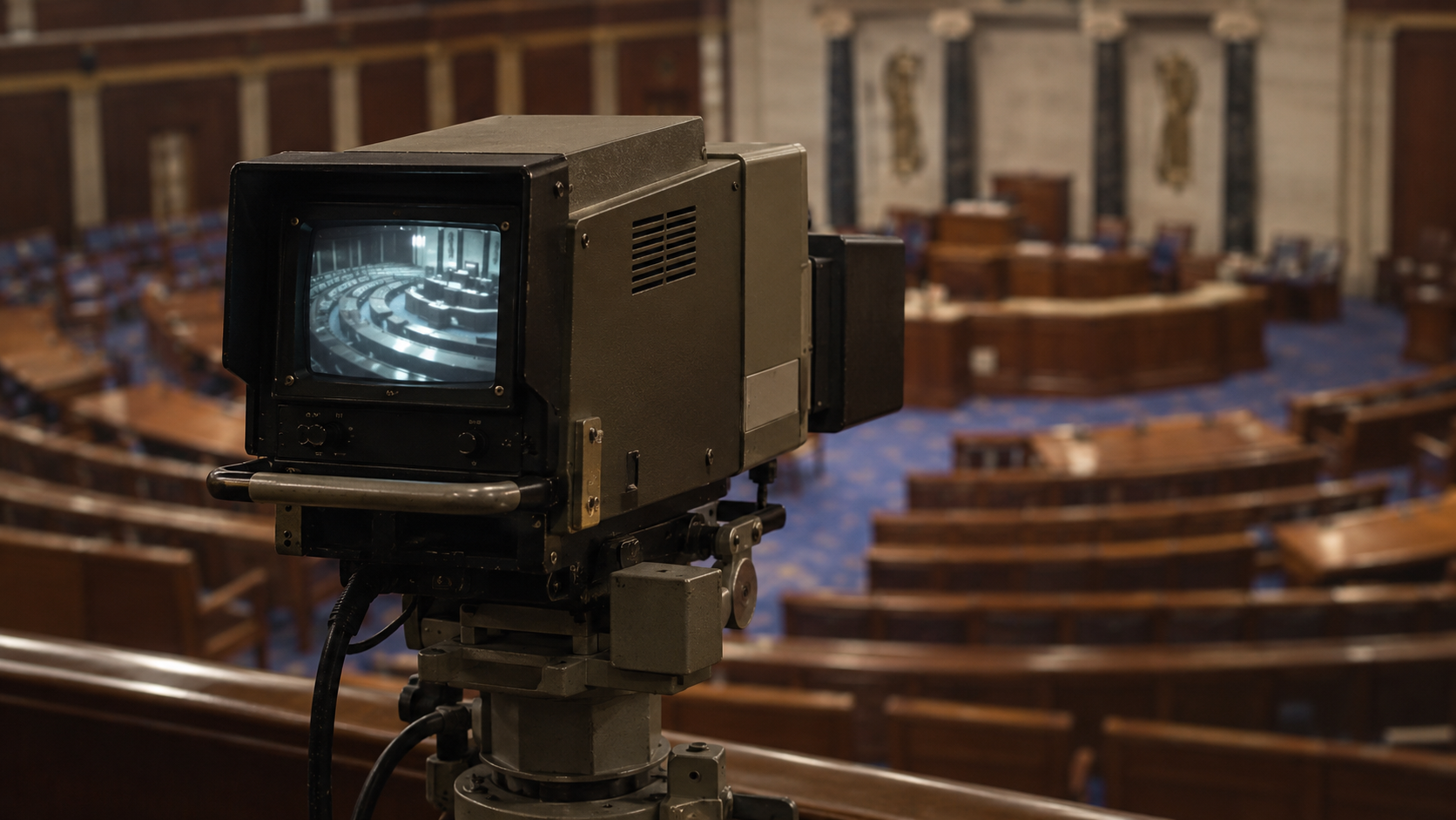 Historical reconstruction of a late 1970s television camera overlooking the United States House chamber.