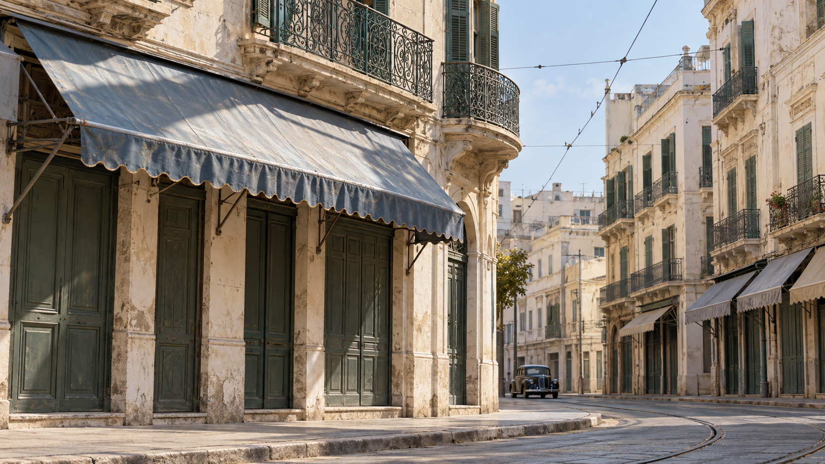 Historical reconstruction of a mid-1950s Tunis street with pale stucco buildings, wooden shutters, balconies and fabric awnings.