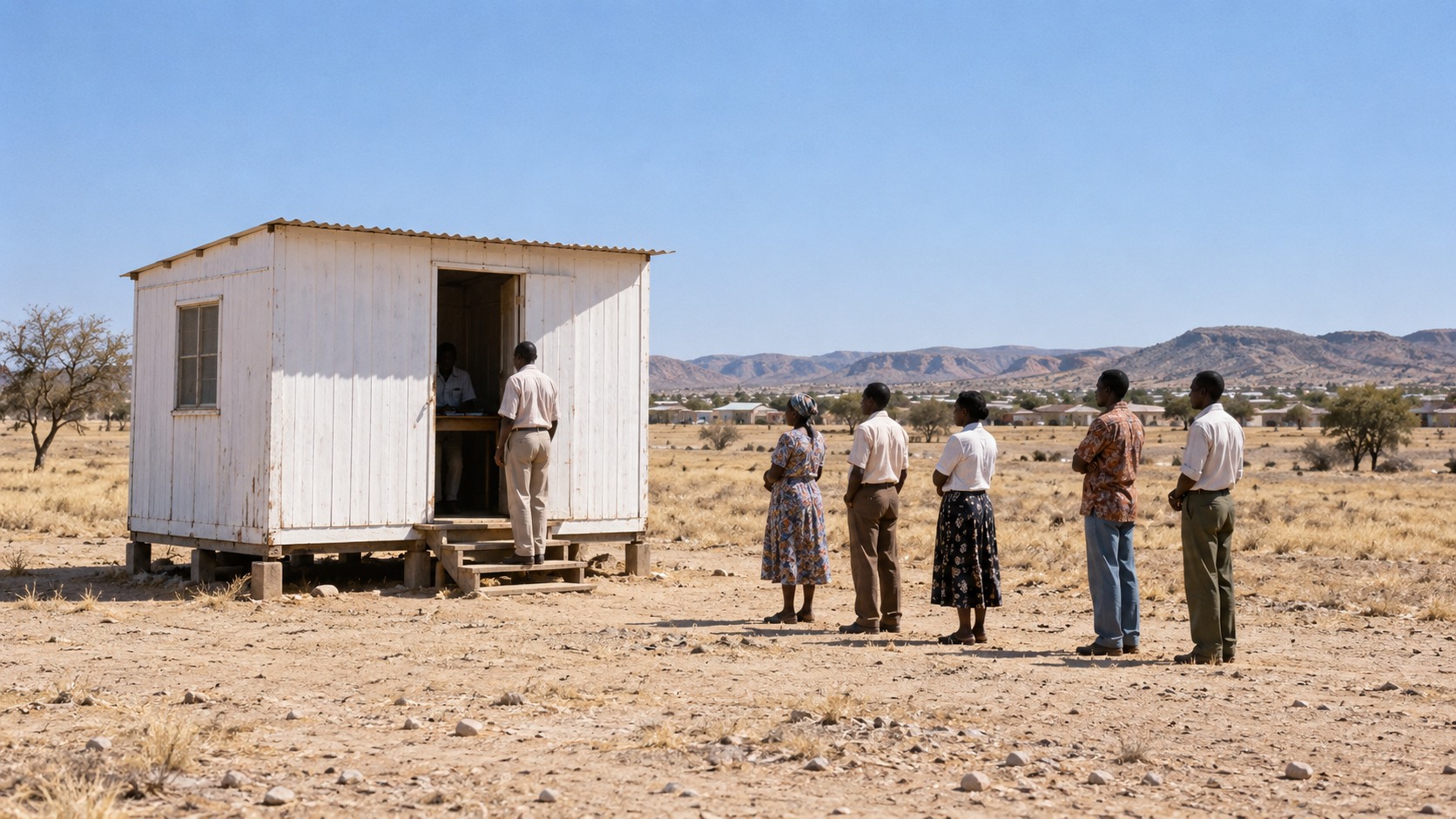 Historical reconstruction of Namibian voters outside a rural polling station during the 1989 transition to independence.