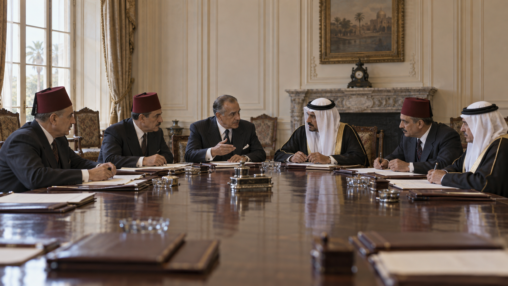 Historical reconstruction of Arab diplomats around a conference table in mid-1940s Cairo.
