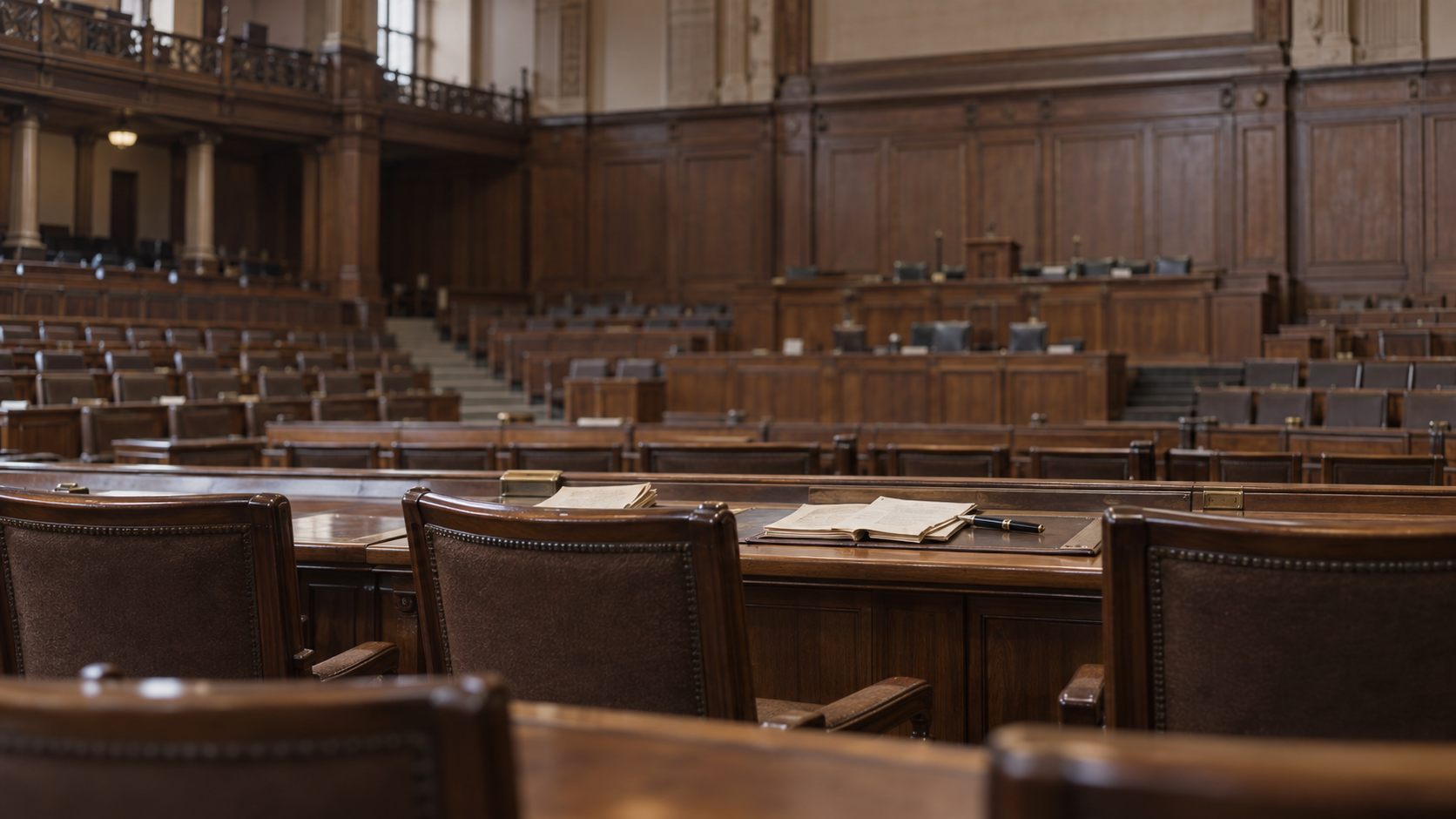 Illustrative historical reconstruction of empty seats and papers in a 1930s German parliamentary chamber.