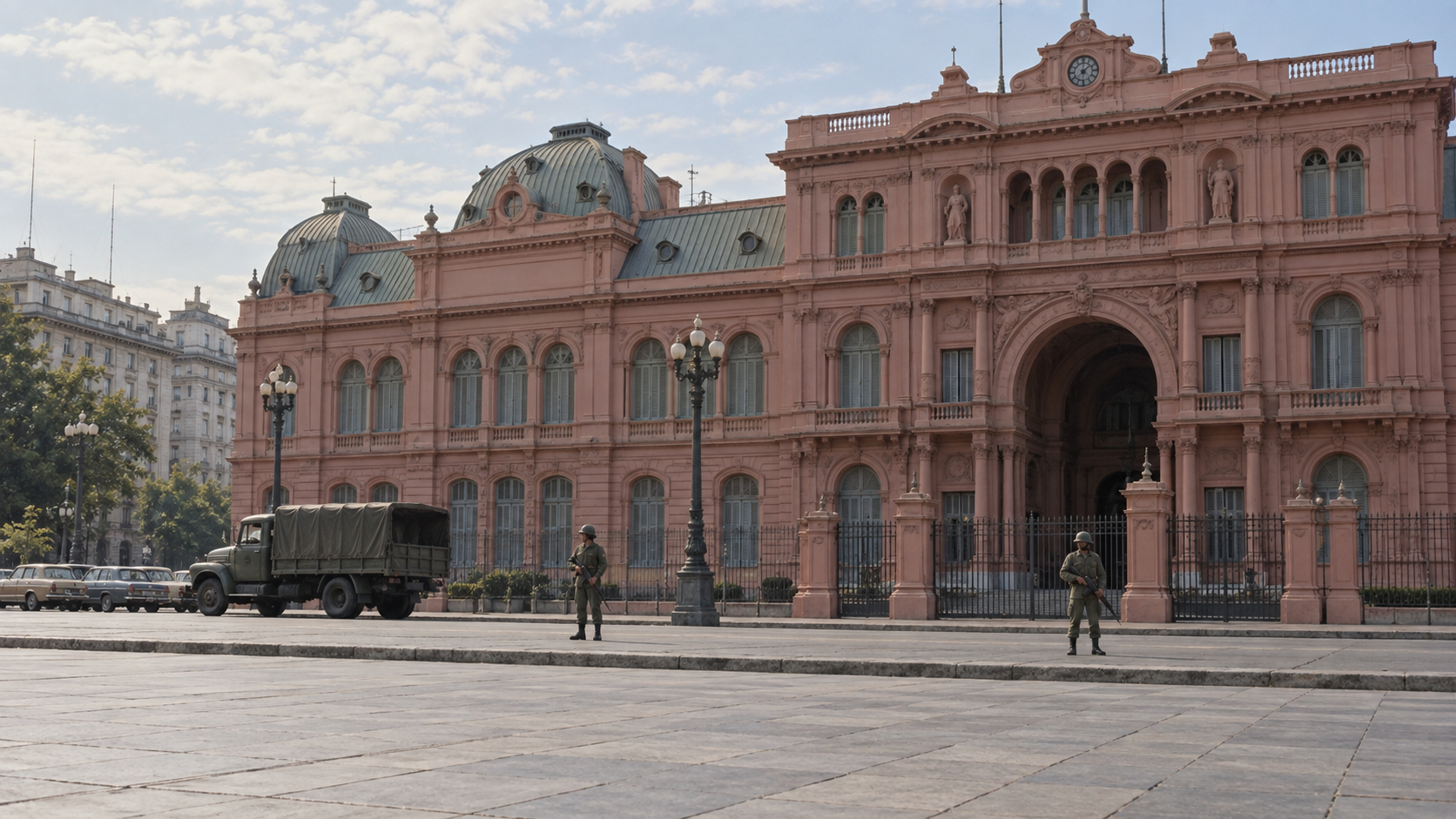 Historical reconstruction of military sentries outside the Casa Rosada in Buenos Aires in 1976.