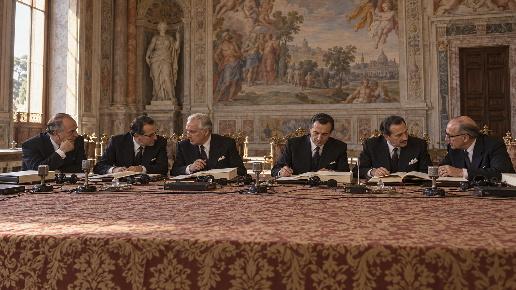 Historical reconstruction of diplomats and treaty volumes in a frescoed Roman hall in 1957.