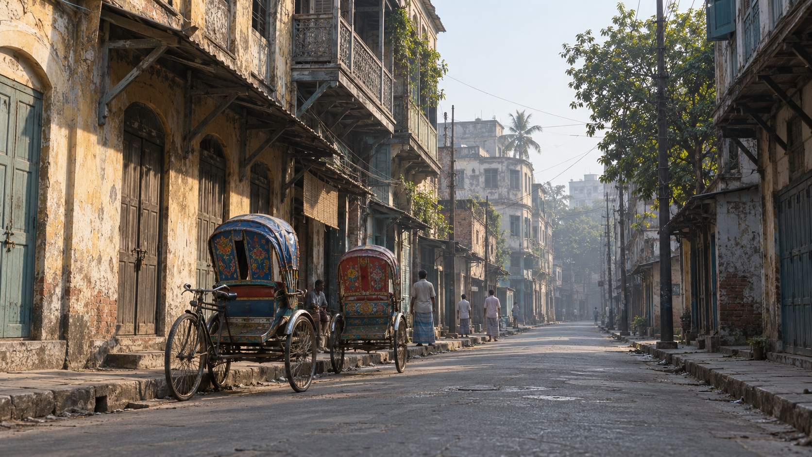 Historical reconstruction of a Dhaka street with cycle rickshaws and period buildings around 1971.
