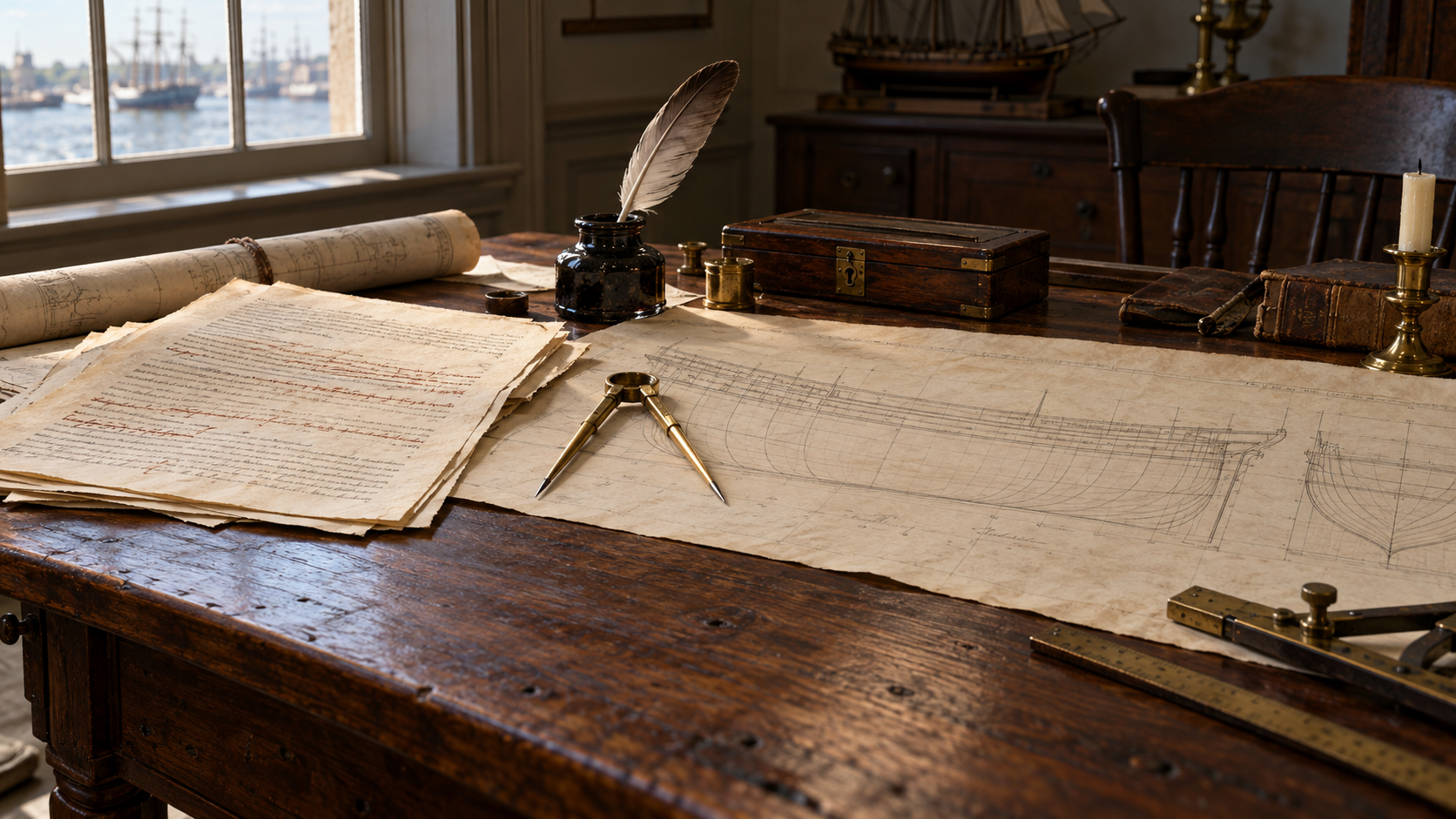 Historical reconstruction of an eighteenth-century desk with naval papers, a frigate plan, quill and brass dividers.