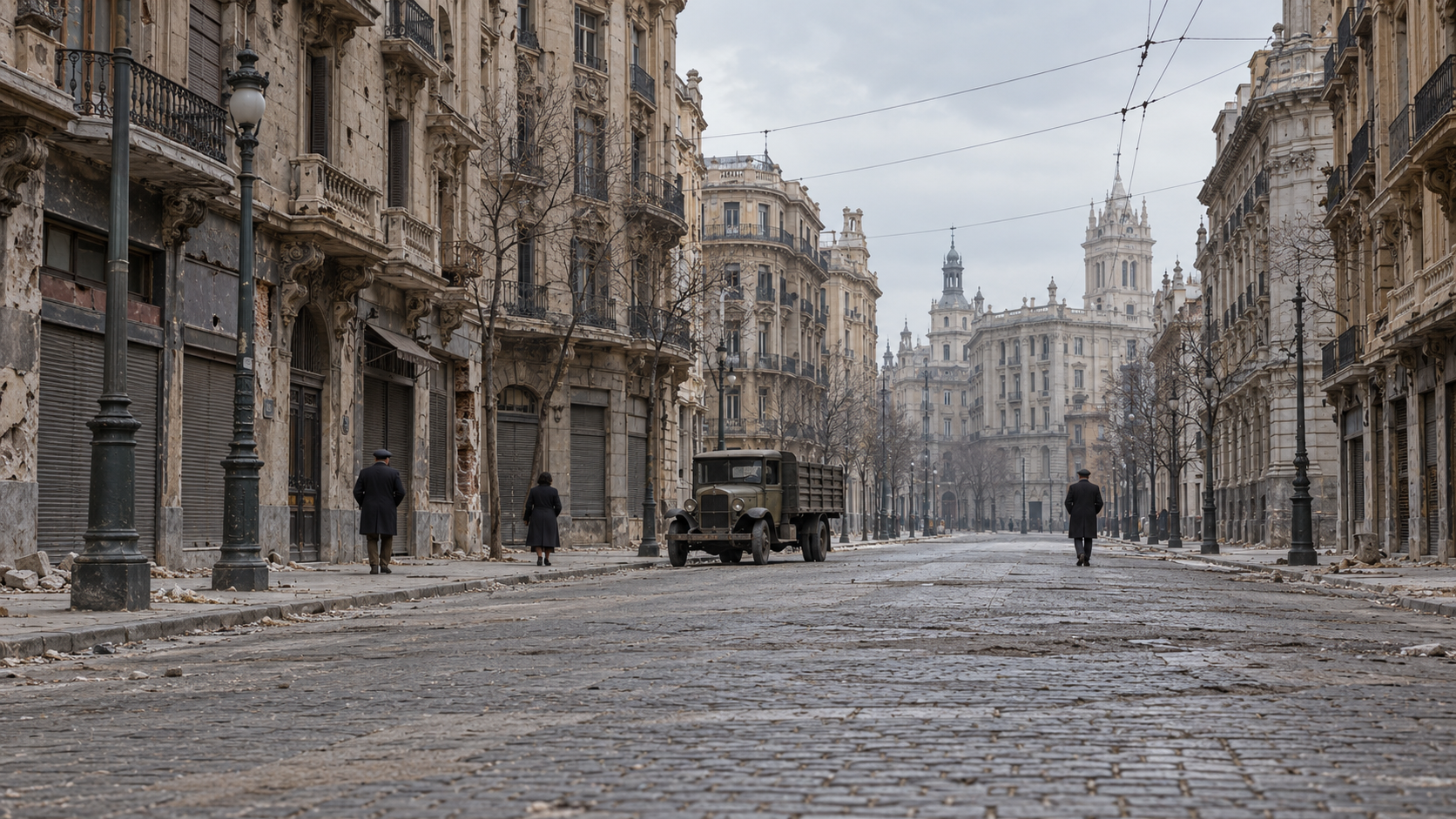 Historical reconstruction of a worn Madrid street with a period truck and civilians near the end of the Spanish Civil War.