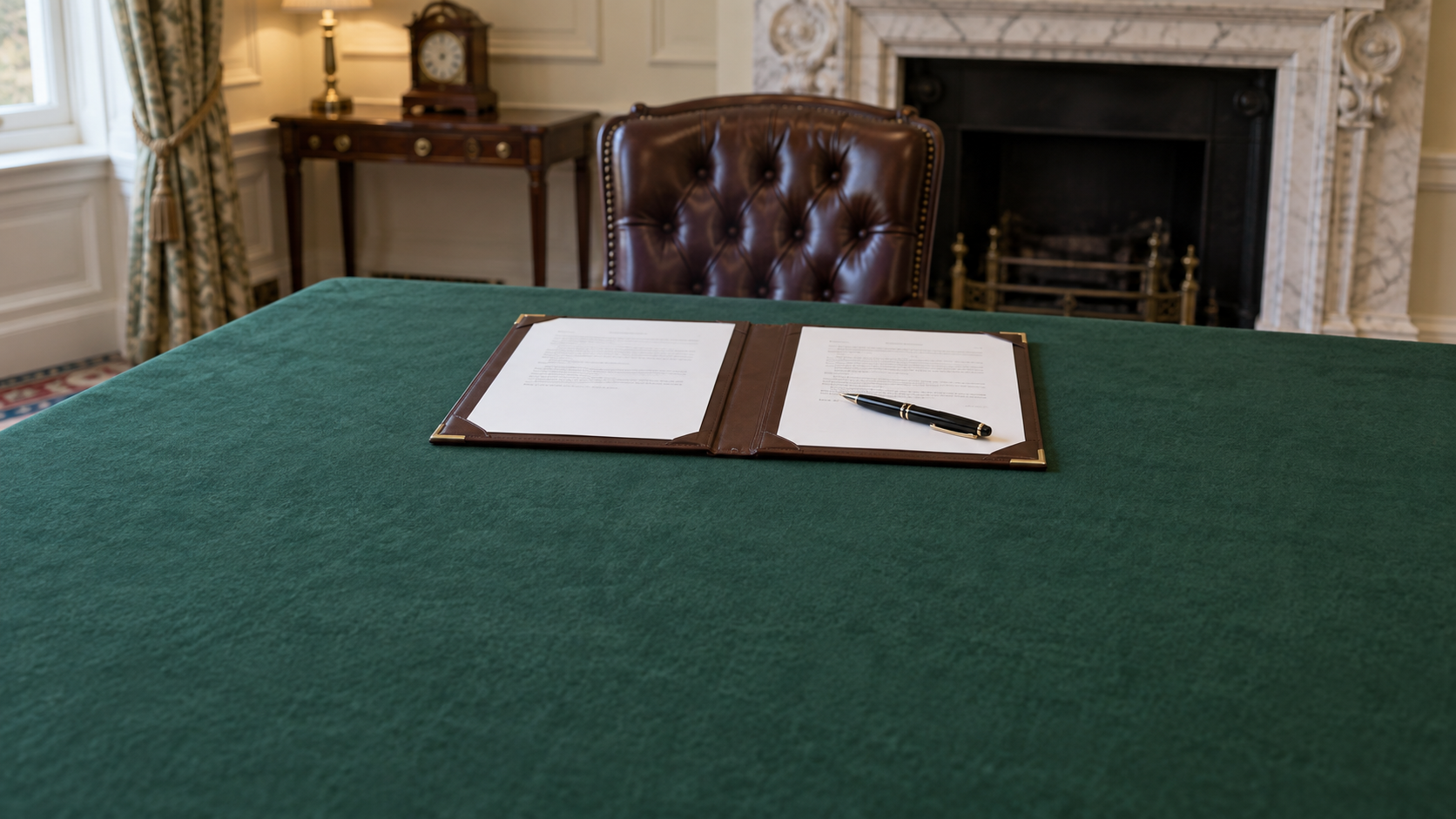 Editorial reconstruction of a diplomatic document folder and pen on a green-covered British government table.