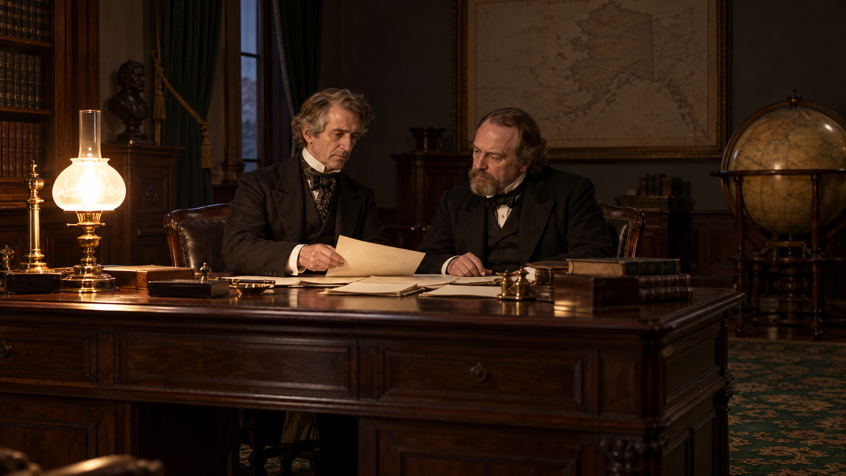 Historical reconstruction of two diplomats examining treaty papers in a lamplit Washington office in 1867.
