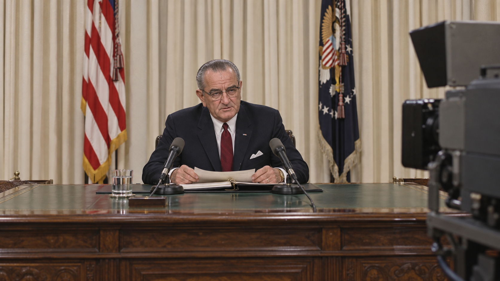 Historical reconstruction of President Lyndon B. Johnson at a green-topped desk preparing a televised White House address in 1968.