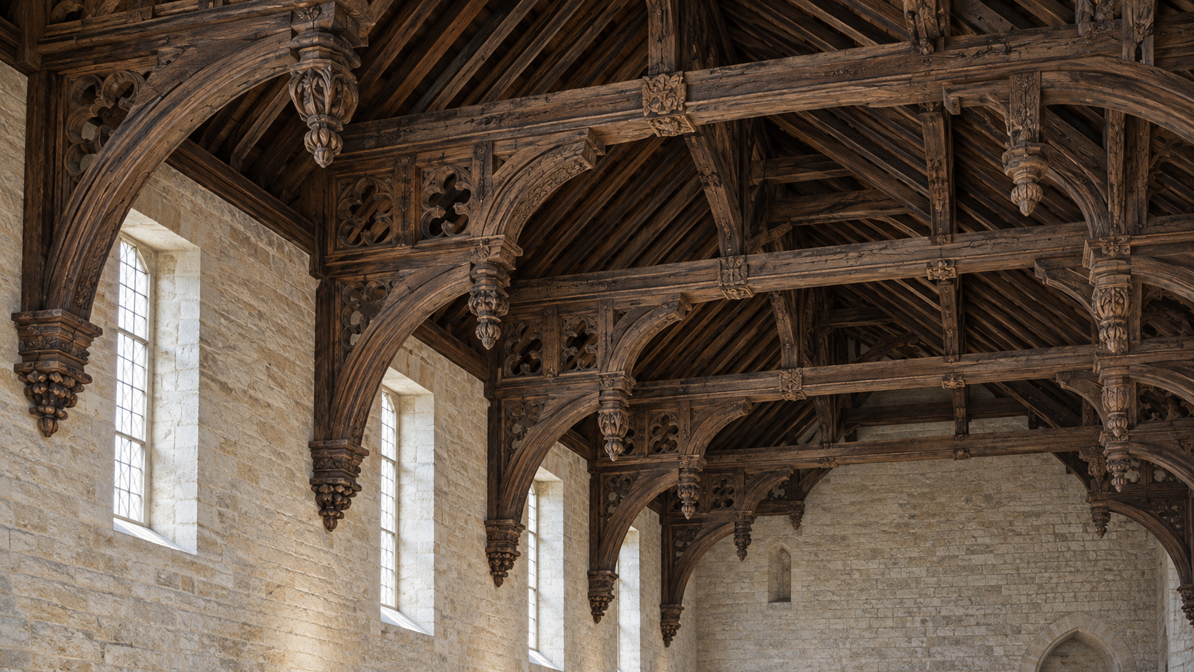 Historical reconstruction of the timber roof inside Edinburgh’s Parliament Hall, associated with Scotland’s pre-1707 Parliament.