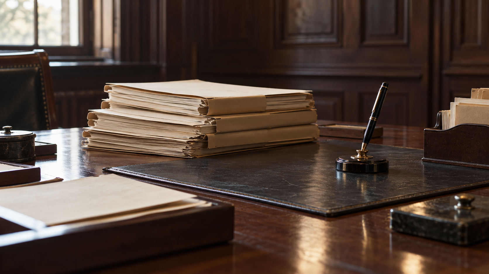 AI-generated reconstruction of case folders and writing implements on a 1940s legal desk, illustrating preparations for war-crimes prosecutions.