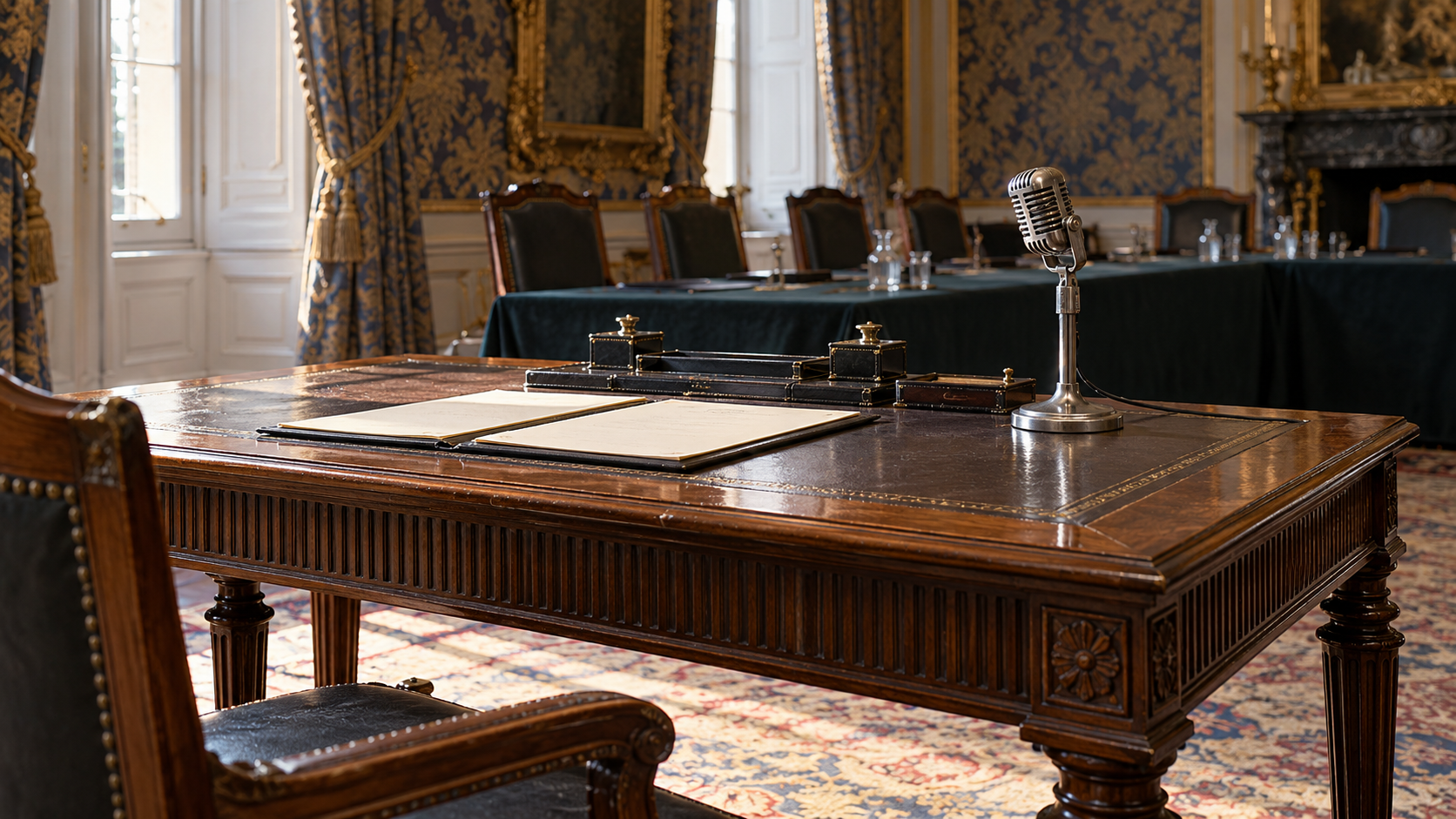 AI-generated reconstruction of a treaty-signing desk in a St James’s Palace-style room, based on photographs of the 1949 Council of Europe ceremony.