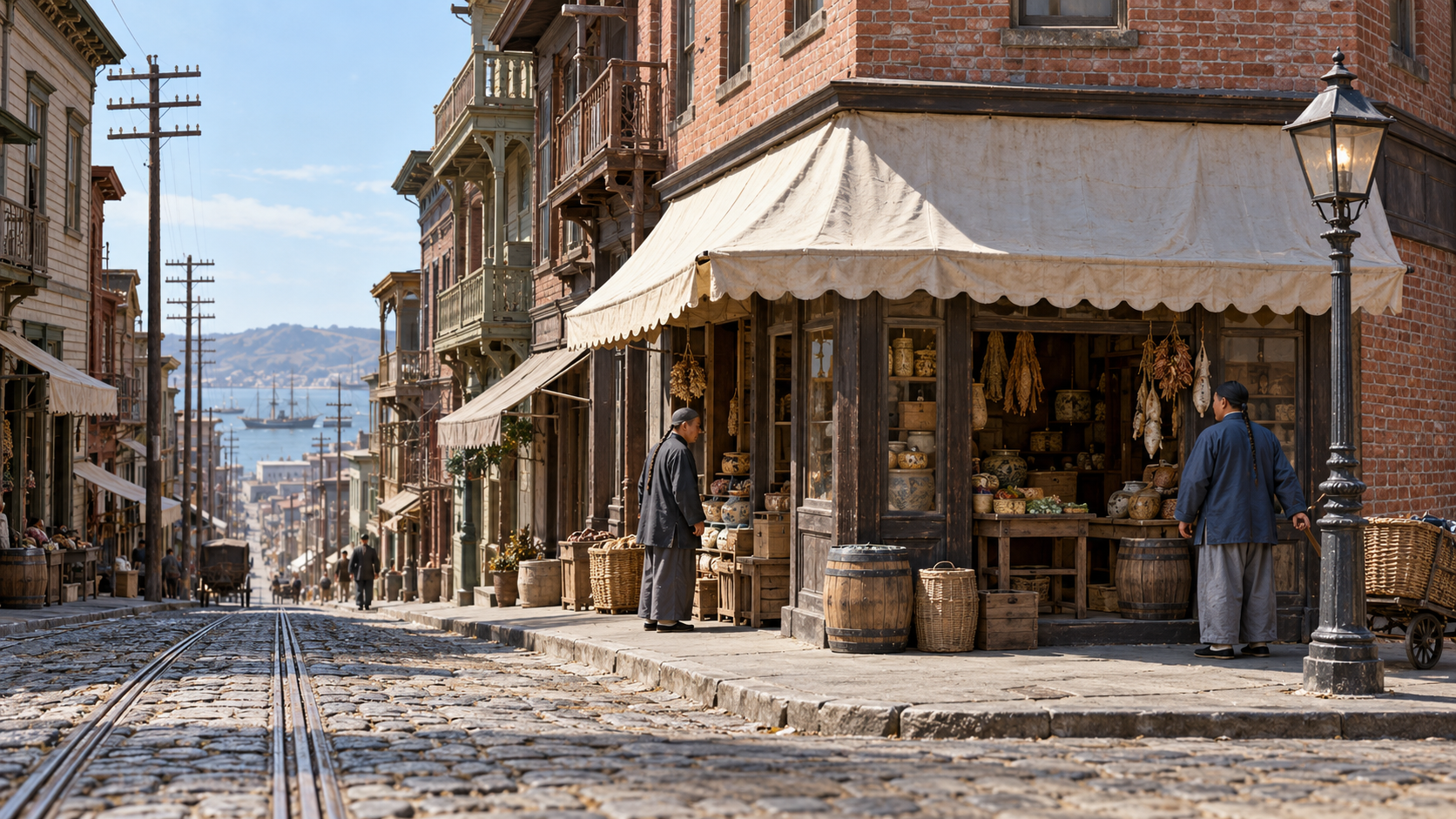 Historical reconstruction of a Chinatown shop and street in San Francisco around 1882.