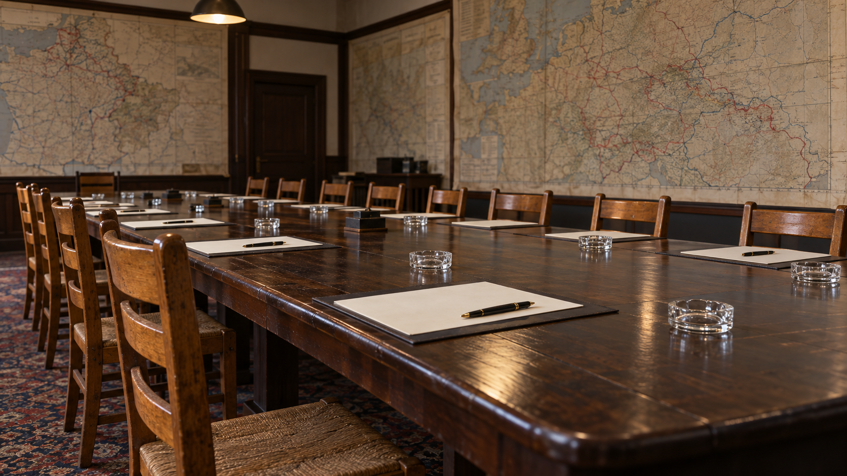 Historical reconstruction of the empty Allied map room at Reims, with a long conference table and wartime maps.