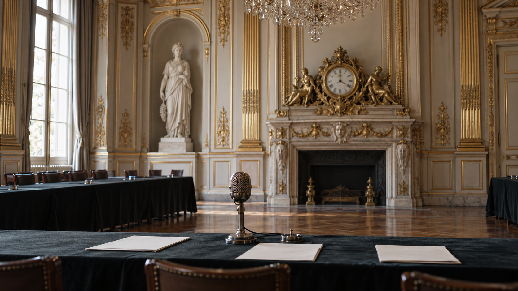 Historical reconstruction of a diplomatic press table in an ornate room at the Quai d’Orsay around 1950.