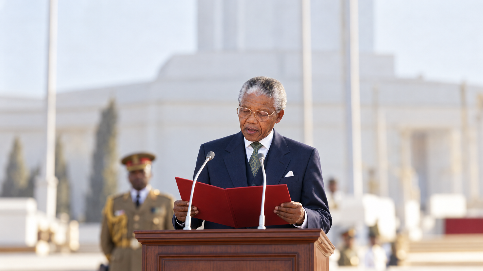 AI historical reconstruction of Nelson Mandela reading from a red folder at his 1994 presidential inauguration.
