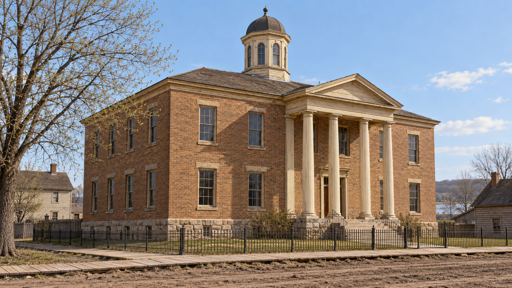 Historical reconstruction of Minnesota’s first state capitol in St. Paul around 1858.
