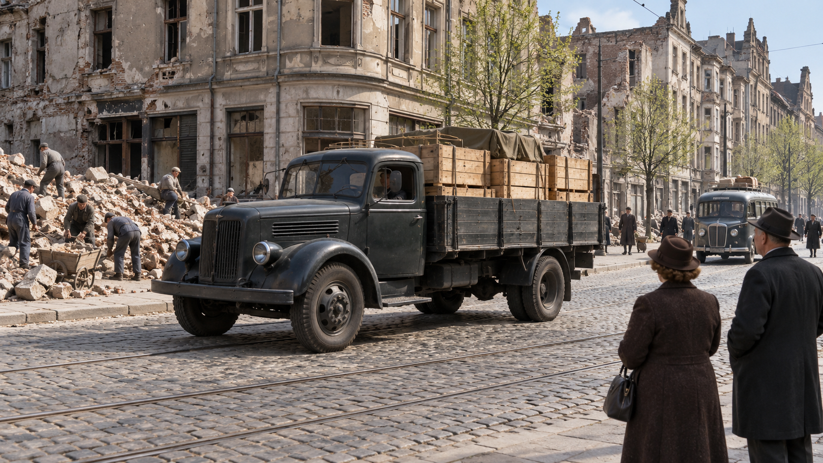 Historical reconstruction of a supply lorry on a Berlin street after surface access reopened in 1949.