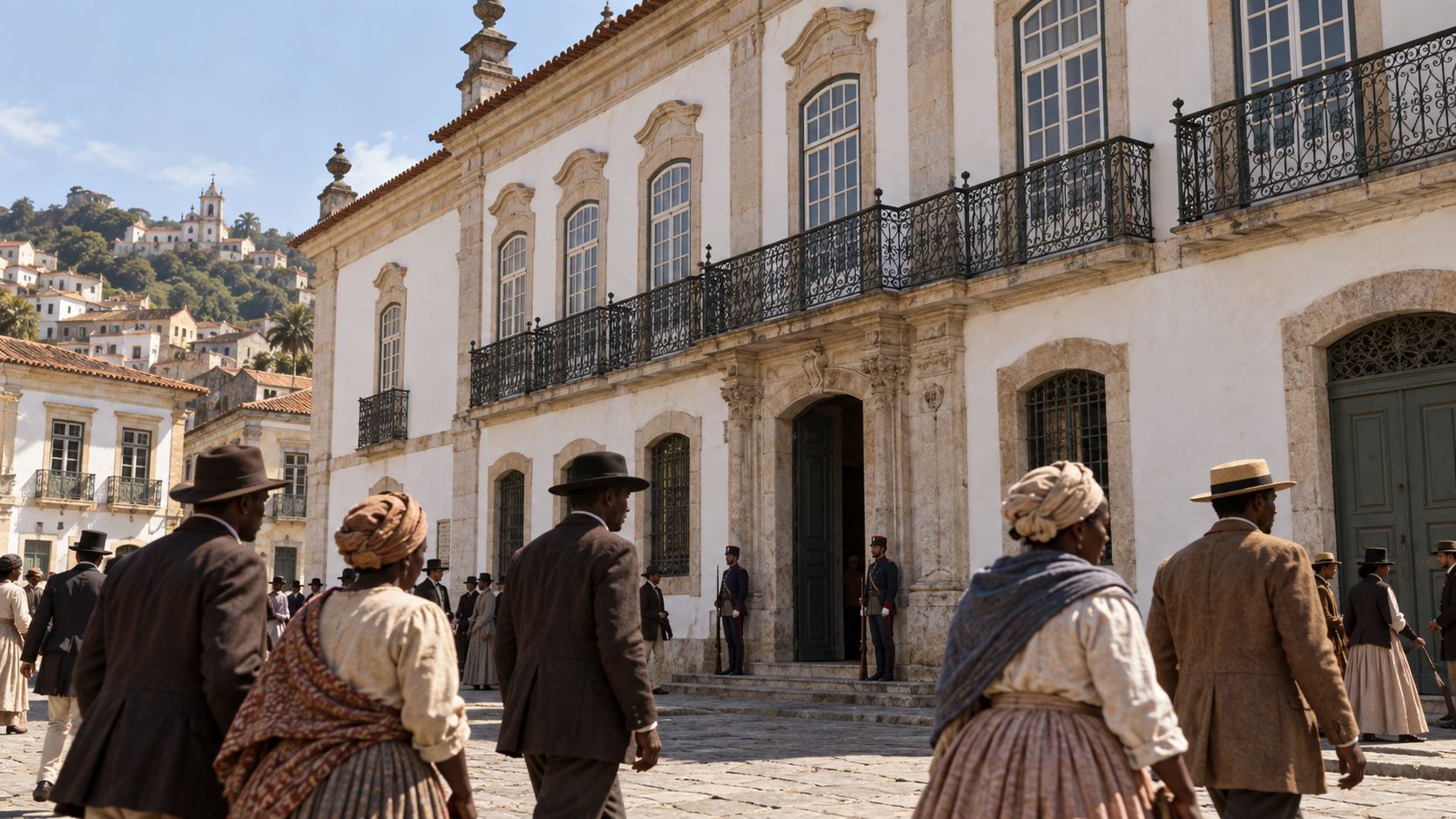 Historical reconstruction of residents outside the imperial palace in Rio de Janeiro in 1888.