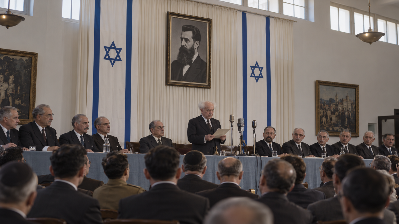 Historical reconstruction of David Ben-Gurion reading Israel’s declaration of independence in Tel Aviv in 1948.