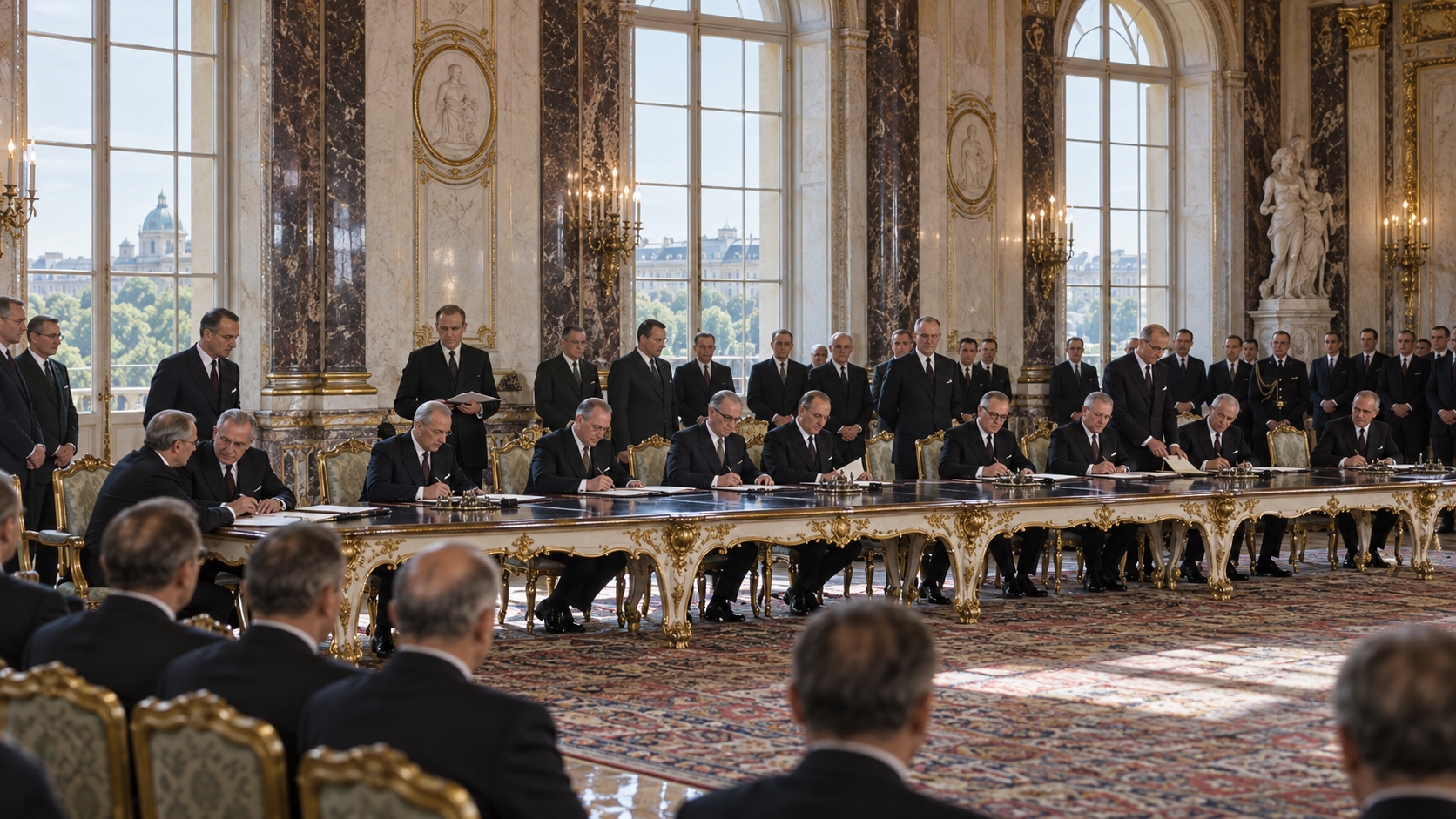 Historical reconstruction of diplomats signing the Austrian State Treaty in Vienna’s Belvedere Palace in 1955.