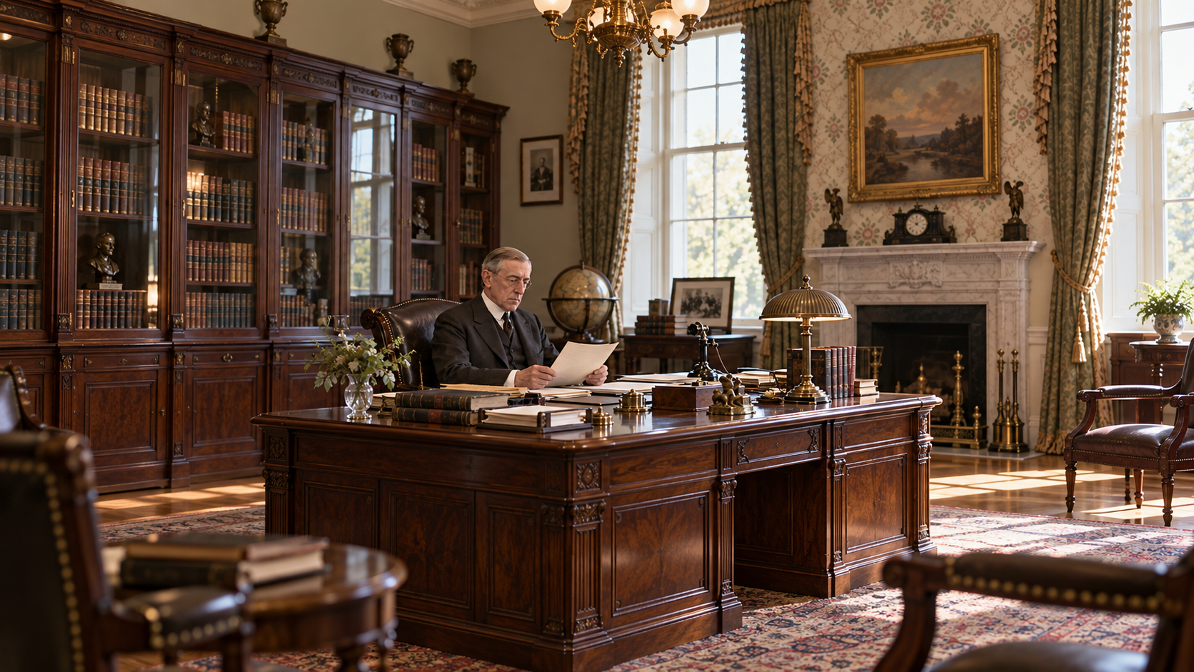 Historical reconstruction of President Woodrow Wilson reviewing papers in a period study circa 1918.
