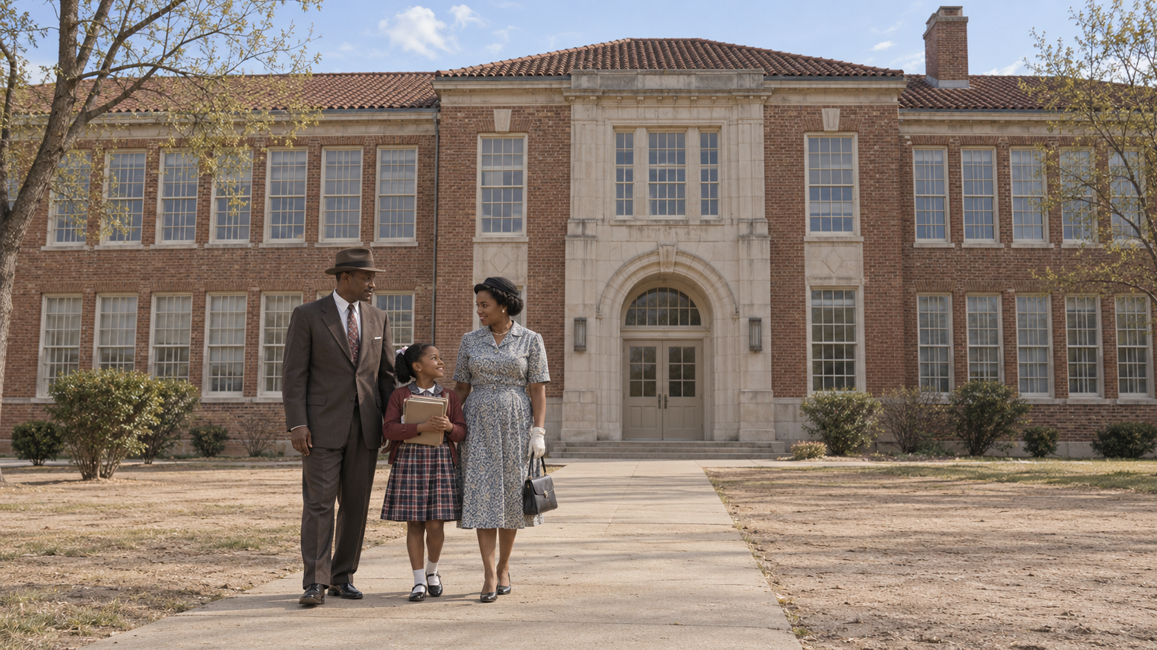 Historical reconstruction of a Black family outside Monroe Elementary School in Topeka circa 1954.
