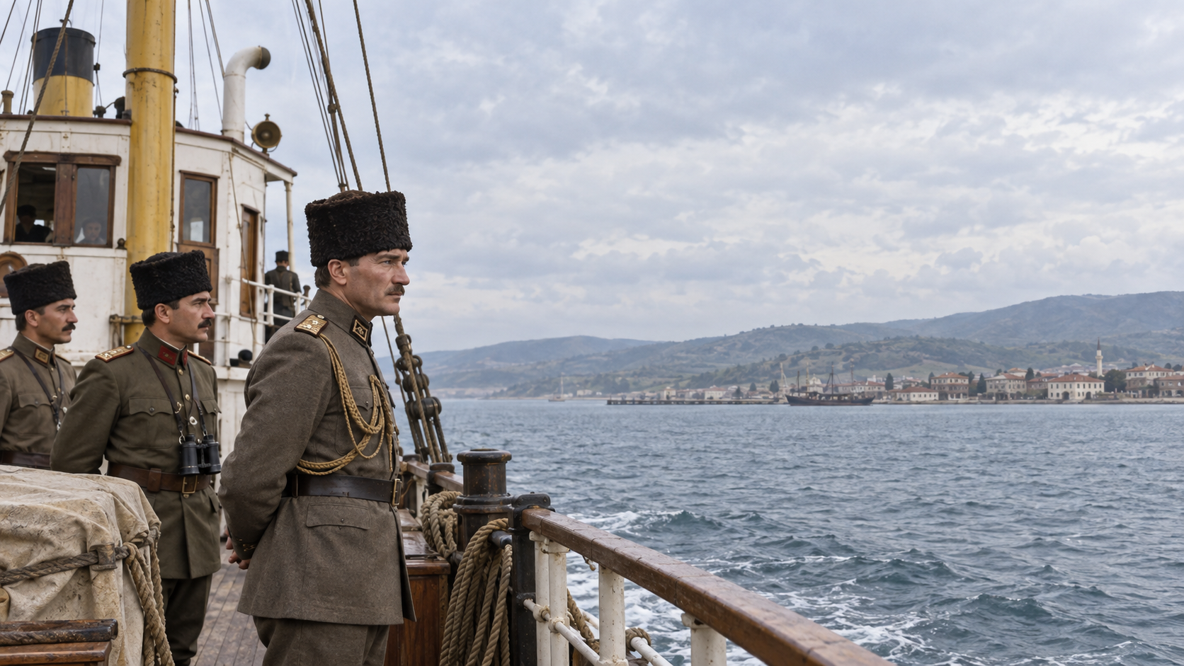 Historical reconstruction of Mustafa Kemal and officers aboard a coastal steamer approaching Samsun in 1919.