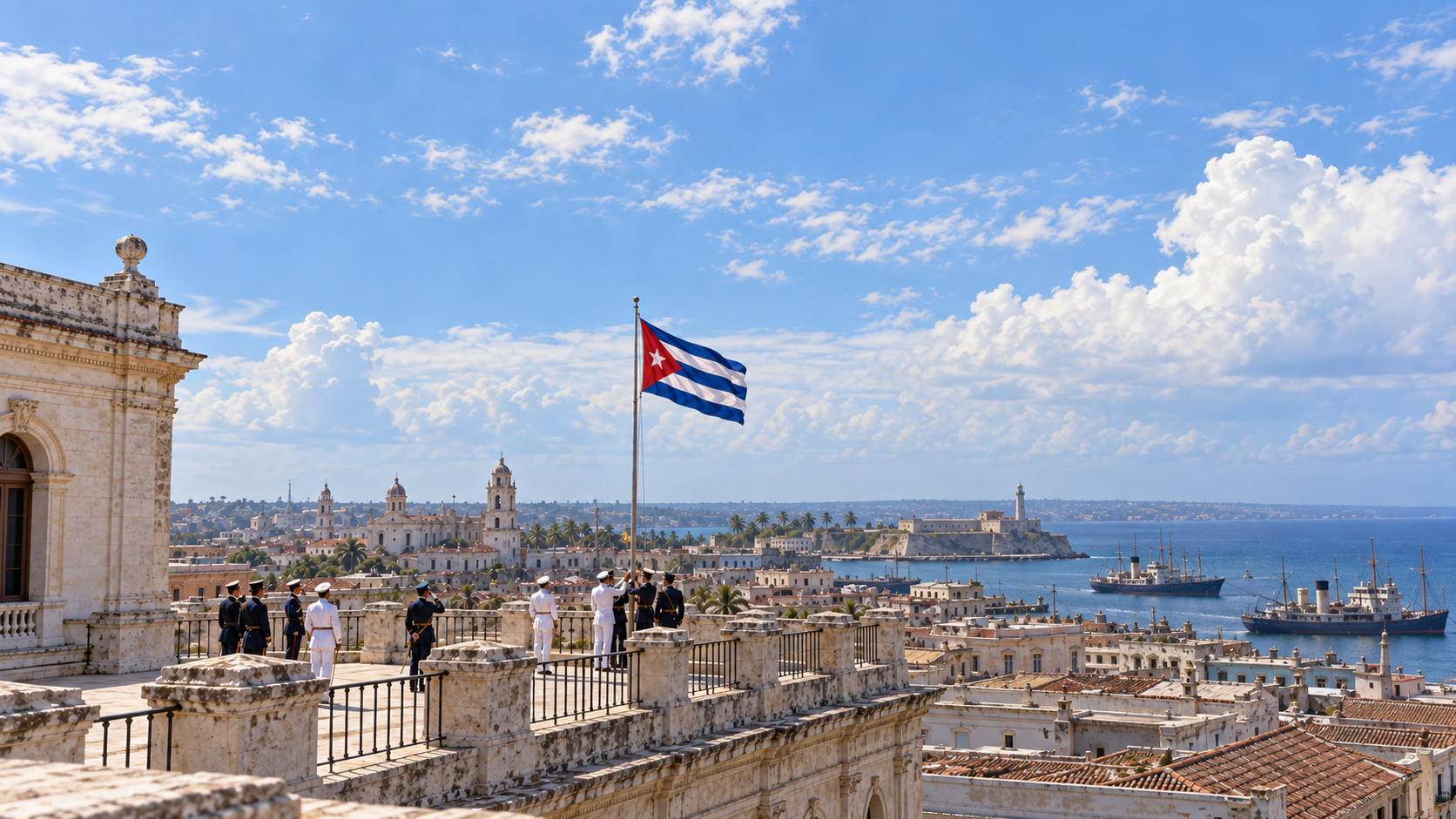 Historical reconstruction of the Cuban flag above a Havana palace rooftop during the 1902 transfer of government.