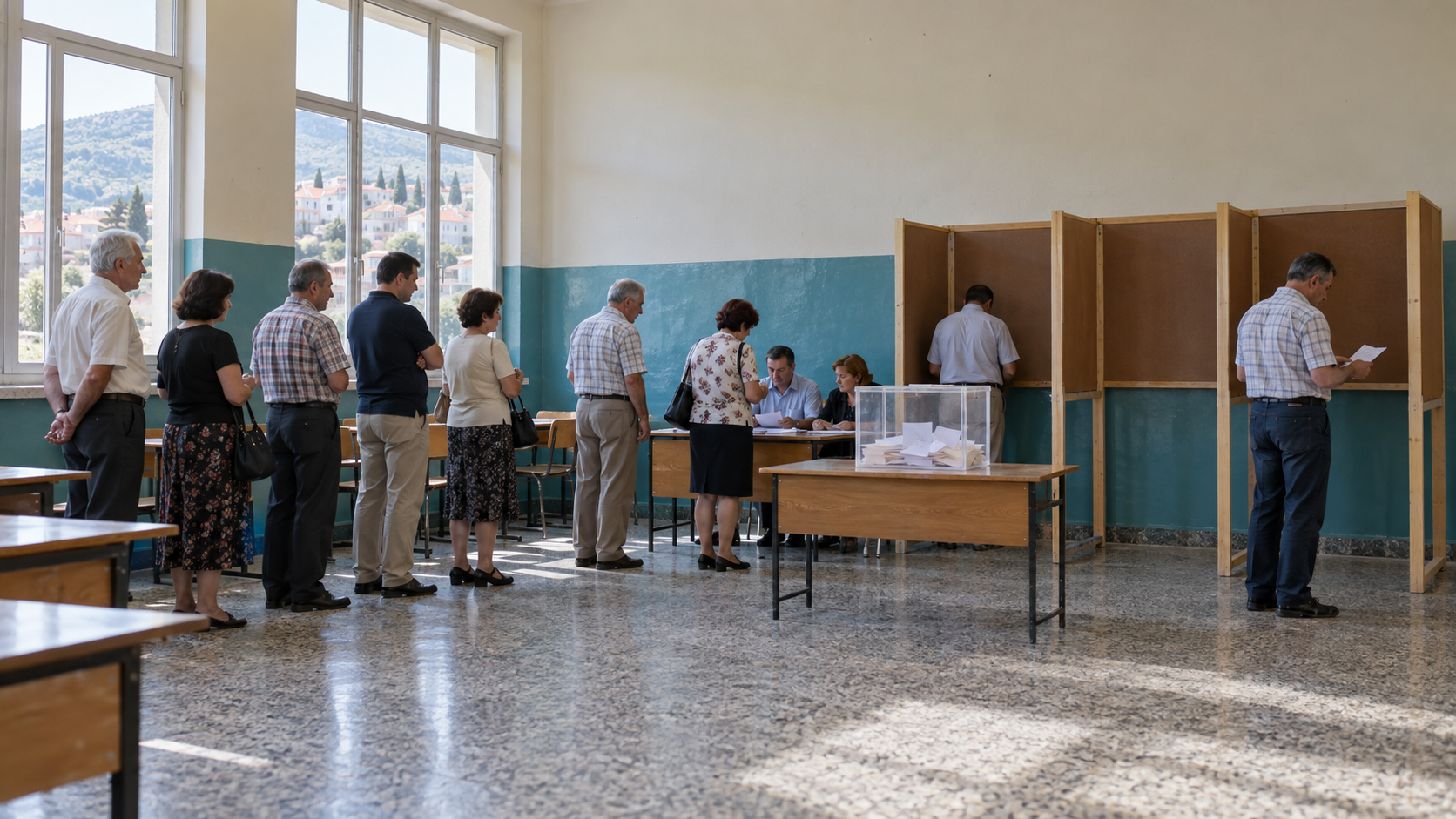 Historical reconstruction of voters at a school polling place in Montenegro during the 2006 independence referendum.