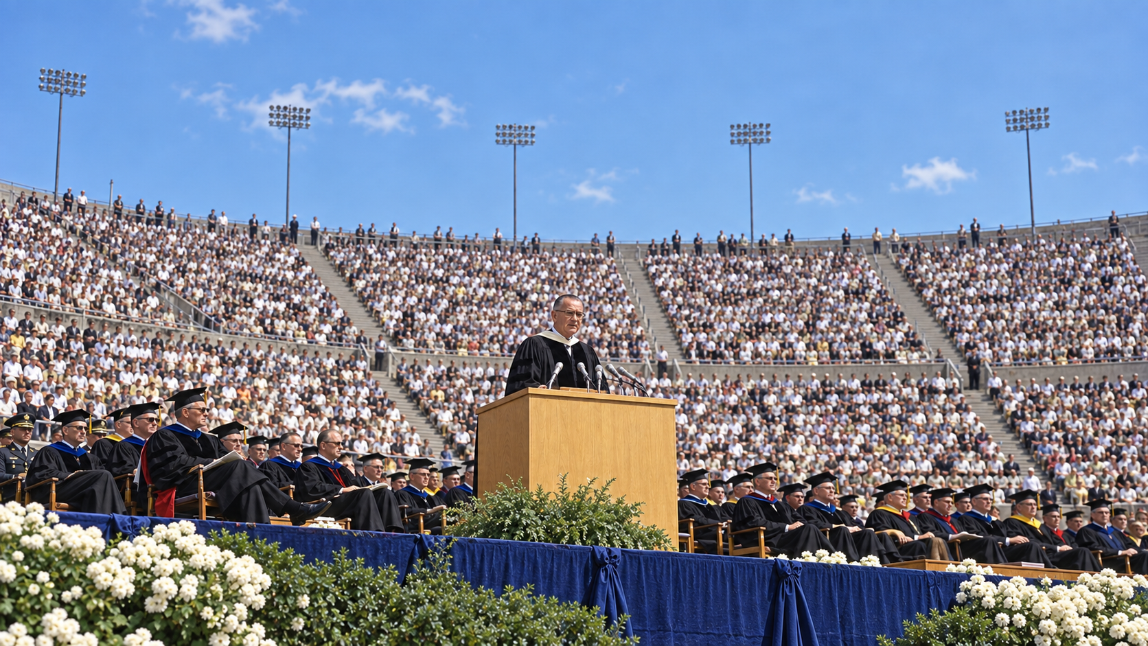 Historical reconstruction of Lyndon Johnson speaking at the University of Michigan commencement in 1964.