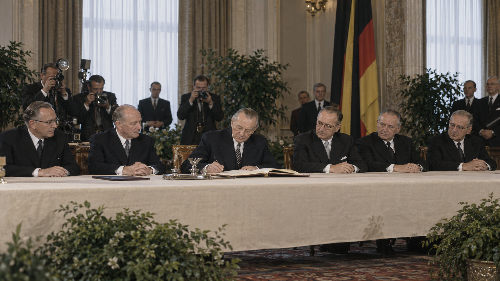 Historical reconstruction of Konrad Adenauer signing the Basic Law in Bonn in 1949.