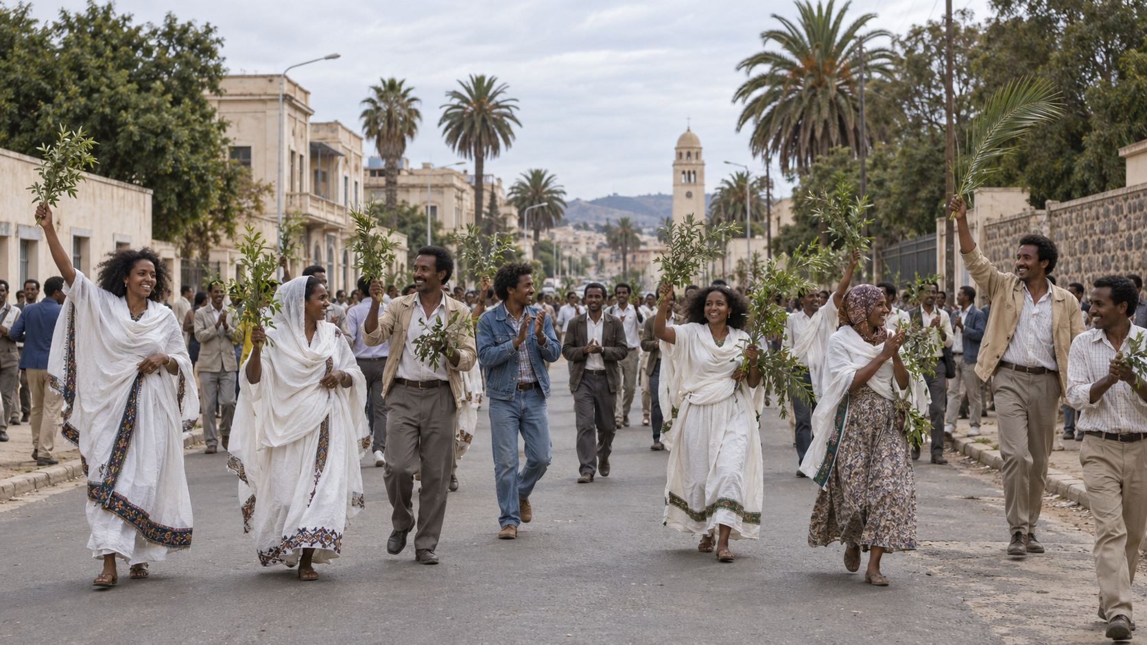 Historical reconstruction of Eritrean civilians celebrating independence on an Asmara street in 1993.