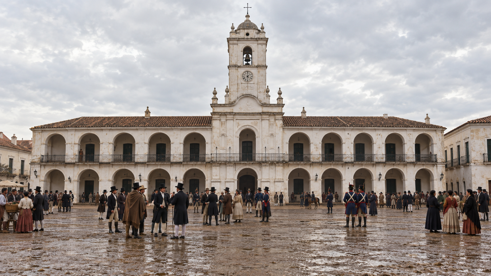Historical reconstruction of people gathering outside the Buenos Aires Cabildo during the May Revolution of 1810.