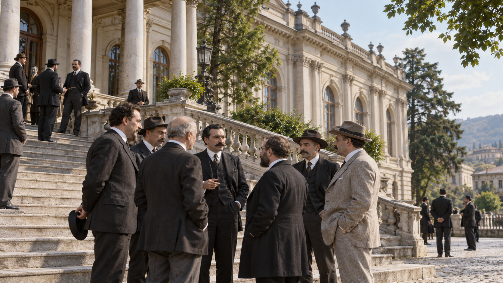 Historical reconstruction of Georgian delegates outside the former viceroy palace in Tiflis in 1918.