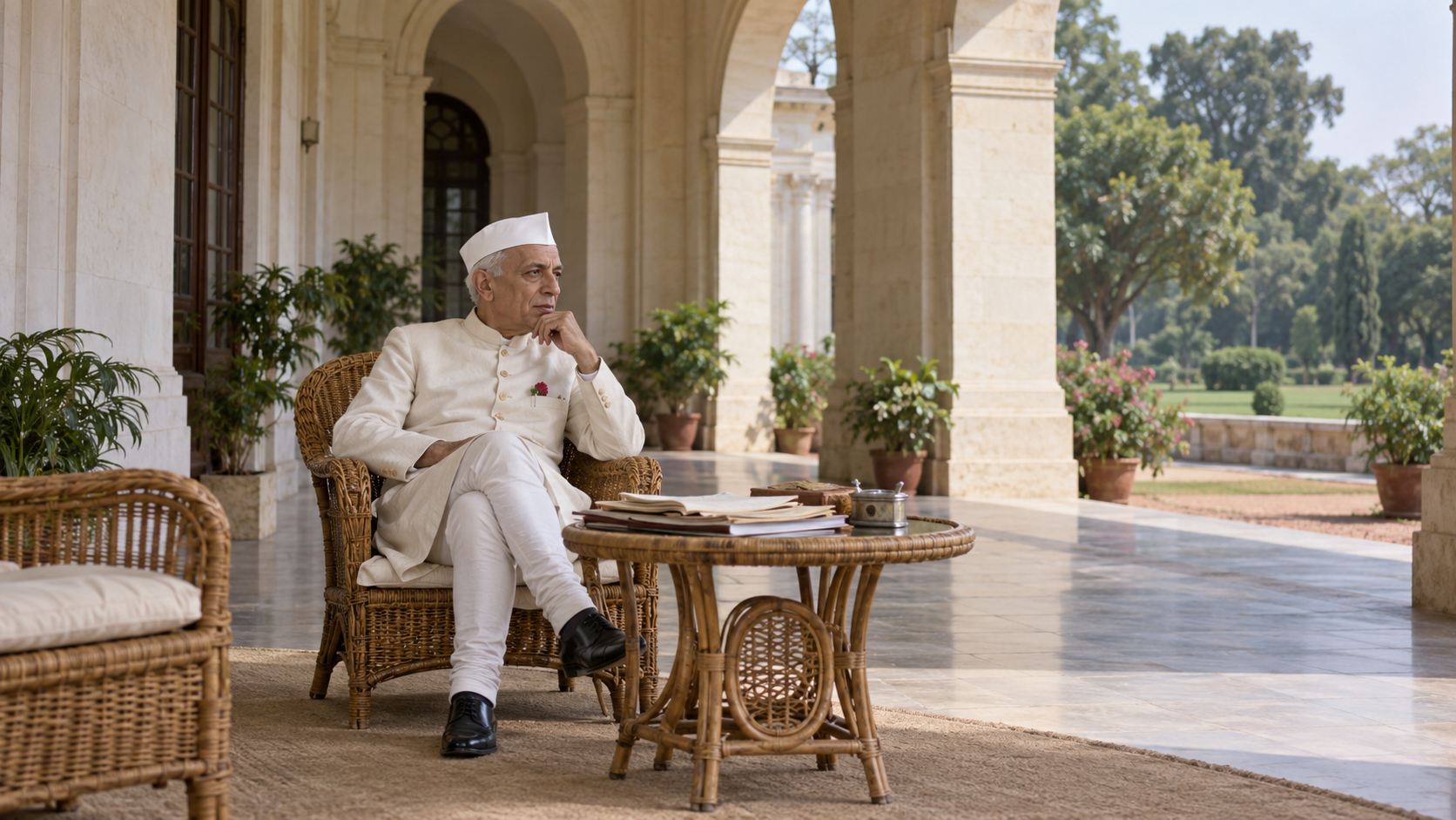 Historical reconstruction of Jawaharlal Nehru seated on a veranda at Teen Murti House in the early 1960s.