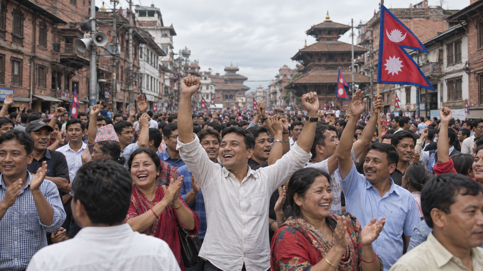Historical reconstruction of Kathmandu residents celebrating Nepal’s transition to a republic in May 2008.
