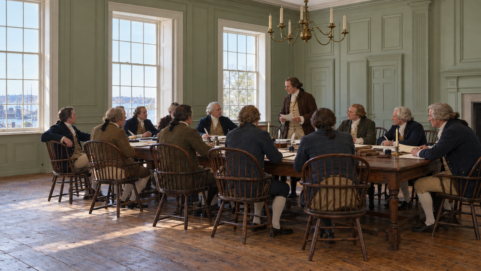 Historical reconstruction of delegates discussing constitutional ratification in a Newport chamber in 1790.