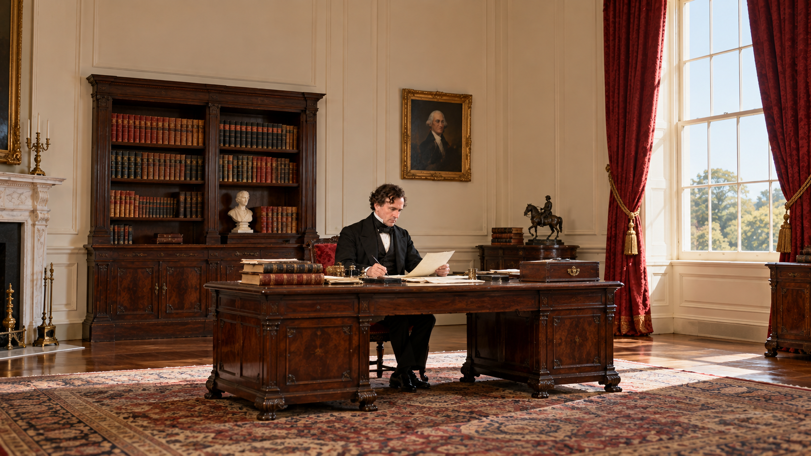 Historical reconstruction of President Franklin Pierce reviewing legislation at a writing desk in 1854.
