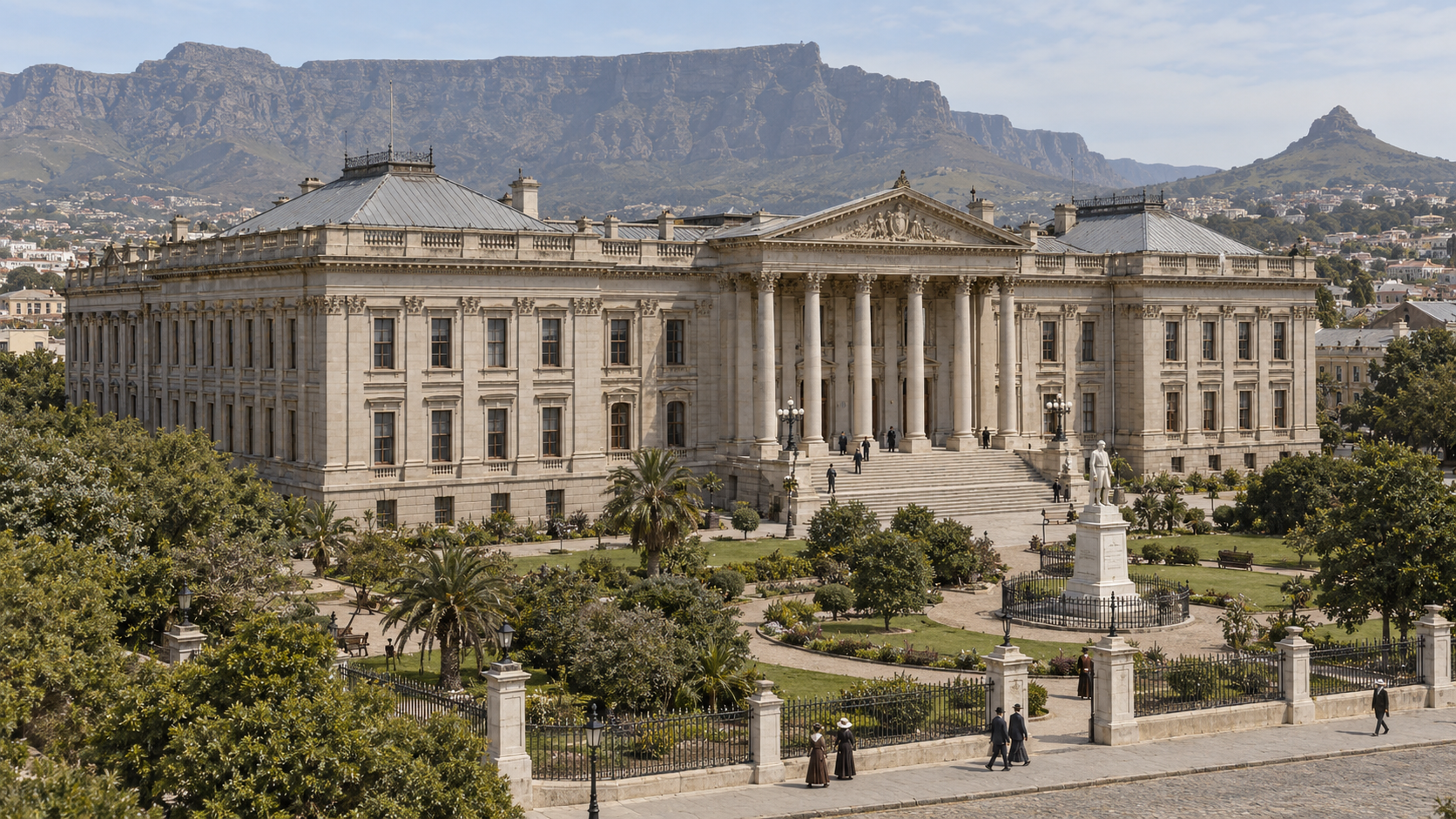Historical reconstruction of Cape Town’s Parliament House and gardens around 1910.