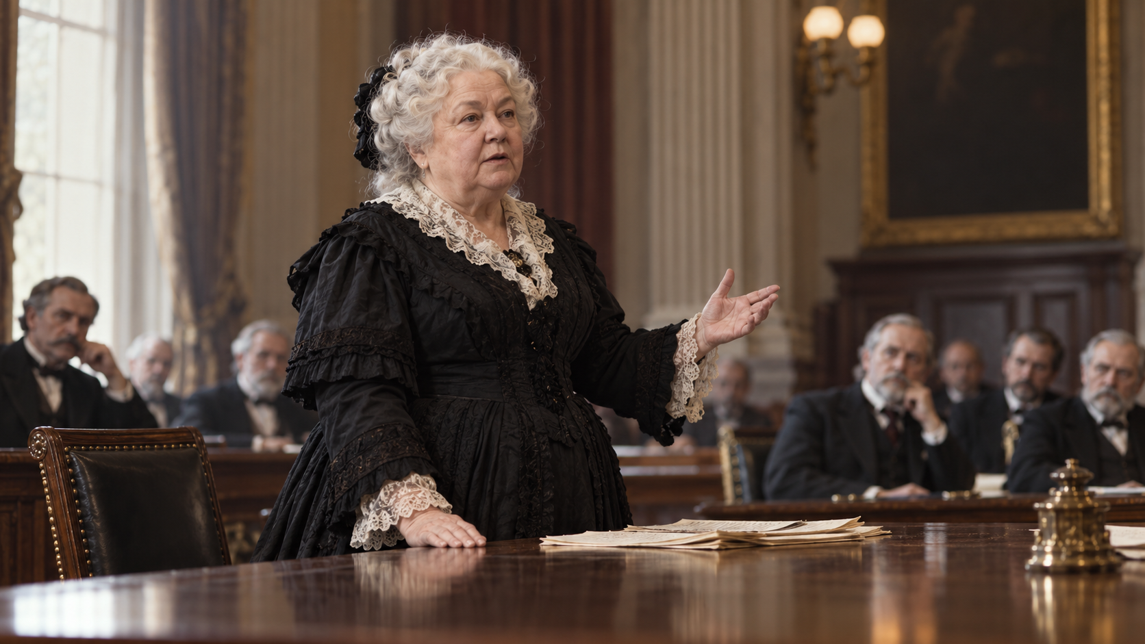 AI-generated editorial recreation of Elizabeth Cady Stanton in the setting connected to the 1892 quotation.