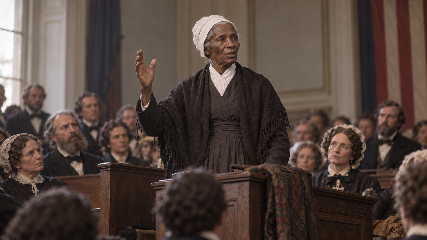 AI-generated editorial recreation of Sojourner Truth in the setting connected to the 1867 quotation.