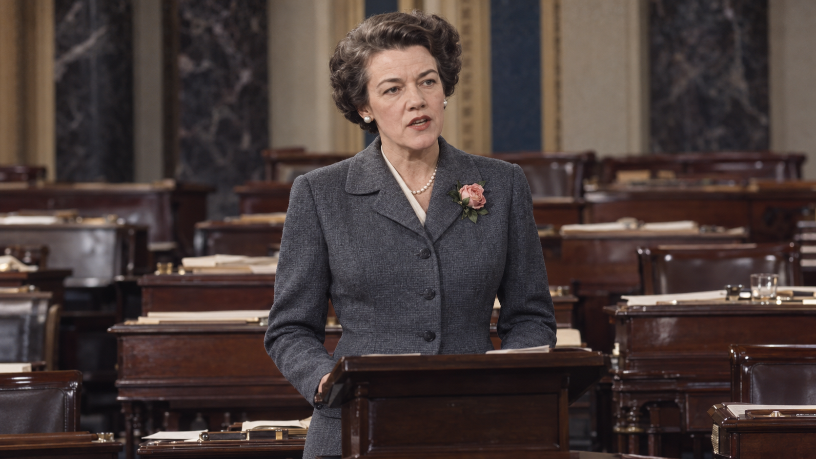 AI-generated editorial recreation of Margaret Chase Smith in the setting connected to the 1950 quotation.