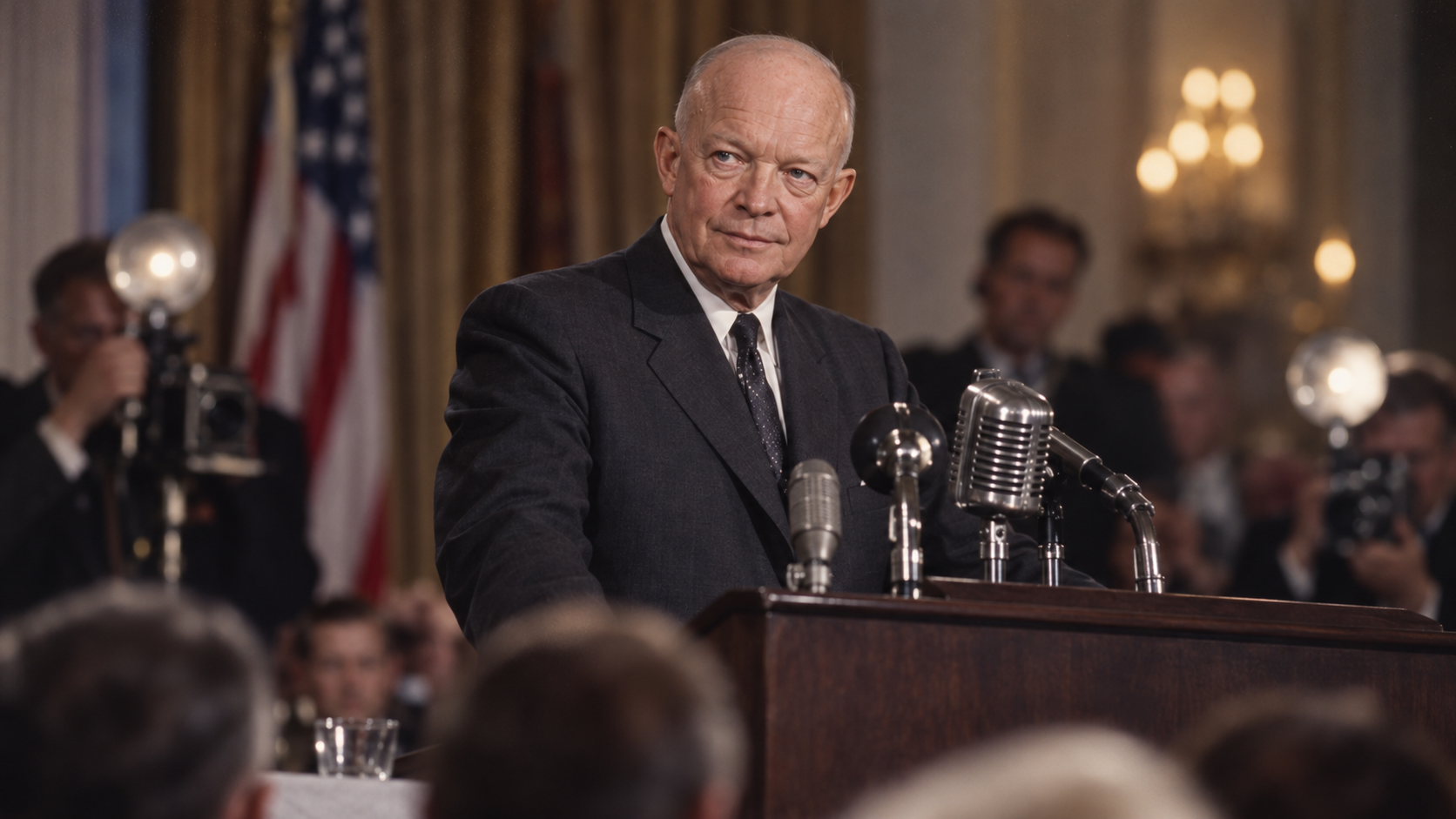 AI-generated editorial recreation of Dwight D. Eisenhower in the setting connected to the 1953 quotation.