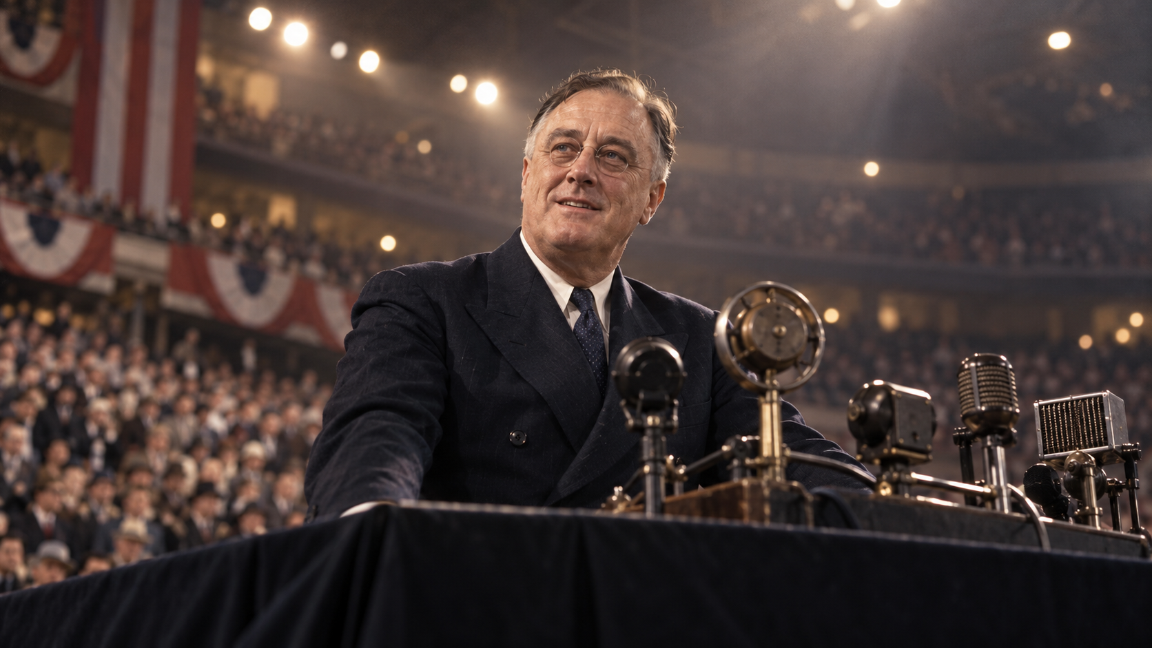 AI-generated editorial recreation of Franklin D. Roosevelt in the setting connected to the 1936 quotation.