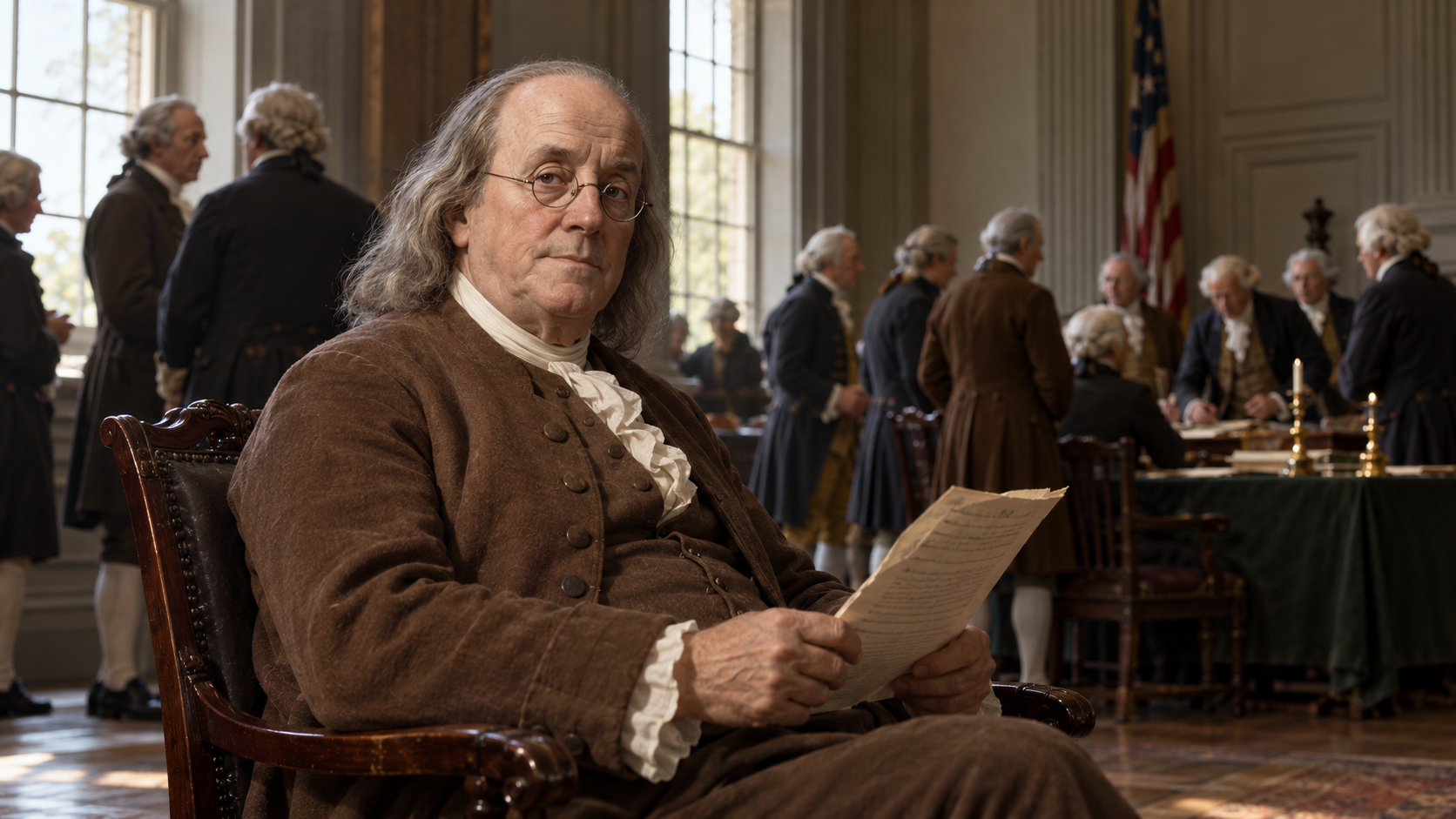 AI-generated editorial recreation of Benjamin Franklin in the setting connected to the 1787 quotation.