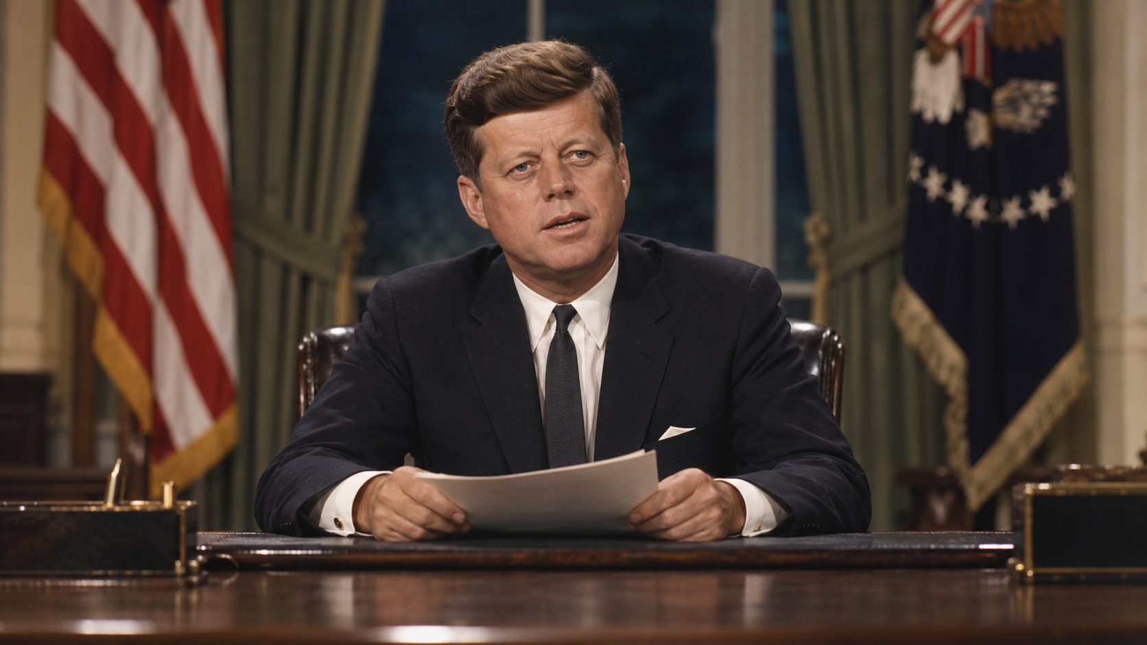 AI-generated editorial recreation of John F. Kennedy in the setting connected to the 1963 quotation.
