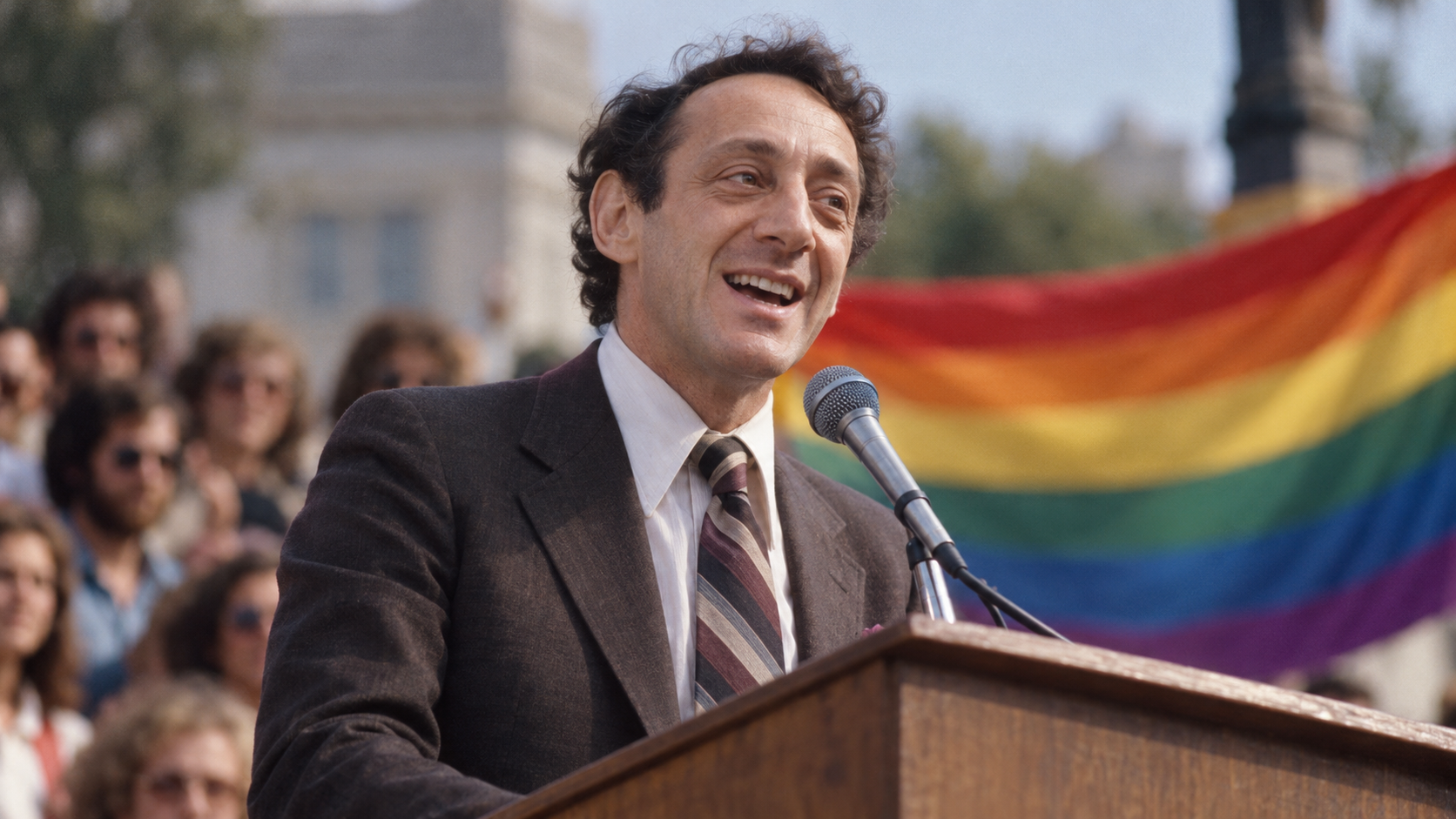 AI-generated editorial recreation of Harvey Milk in the setting connected to the 1978 quotation.