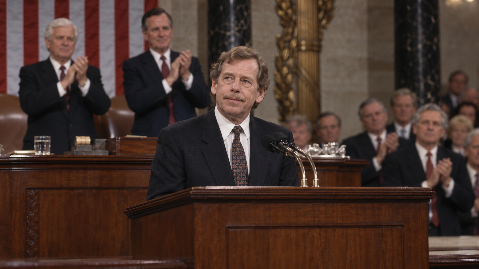 AI-generated editorial recreation of Václav Havel in the setting connected to the 1990 quotation.